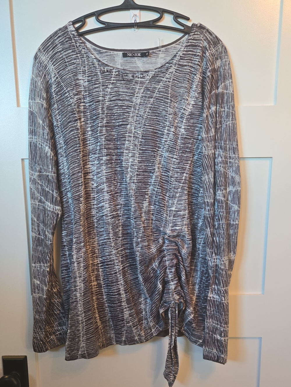 NIC+ZOE Blue Gray Abstract Long-Sleeve Top with Side Ruching Tie XL